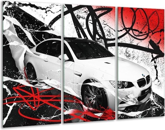 Glasschilderij Auto, BMW - Wit, Rood, Zwart - 120x80cm 3Luik - Foto Op Glas - Geen Acrylglas Schilderij - GroepArt 6000+ Glas Art Collectie - Maatwerk Mogelijk