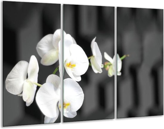 GroepArt - Schilderij -  Orchidee, Bloemen - Zwart, Wit - 120x80cm 3Luik - 6000+ Schilderijen 0p Canvas Art Collectie