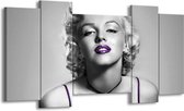 GroepArt - Schilderij - Marilyn Monroe - Grijs, Paars, Zwart - 120x65cm 5Luik - Foto Op Canvas - GroepArt 6000+ Schilderijen 0p Canvas Art Collectie - Wanddecoratie