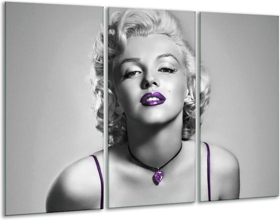 Glasschilderij Marilyn Monroe - Grijs, Paars, Zwart - 120x80cm 3Luik - Foto Op Glas - Geen Acrylglas Schilderij - GroepArt 6000+ Glas Art Collectie - Maatwerk Mogelijk