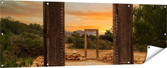 Foto: Gards tuinposter cale llentia deur opening in ibiza 180x60 cm tuindoek tuindecoratie wanddecoratie buiten tuinschilderij