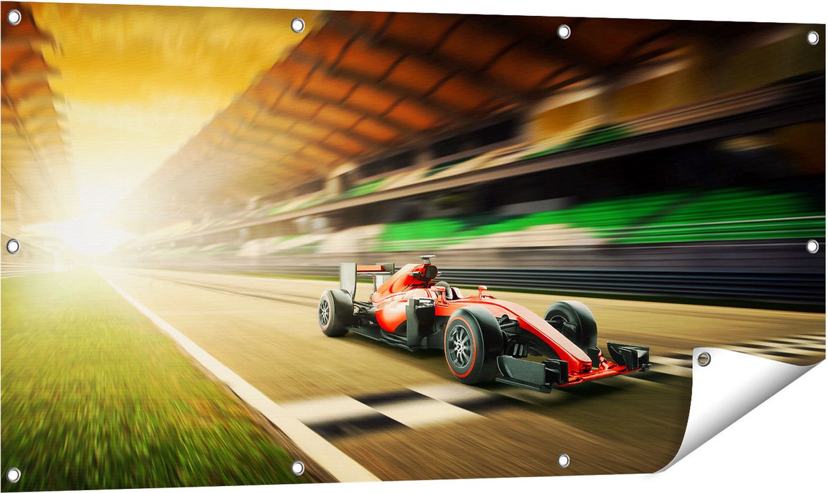 Gards Tuinposter Formule 1 Auto bij de Finish in het Rood - 120x60 cm - Tuindoek - Tuindecoratie - Wanddecoratie buiten - Tuinschilderij Multikleur