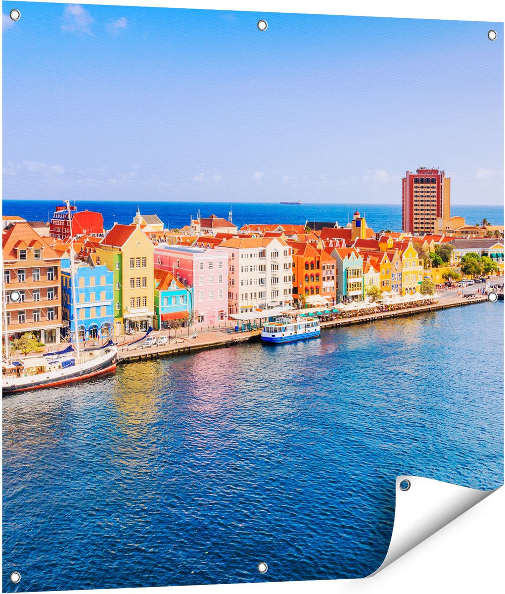 Gards Tuinposter Willemstad Centrum in Cura�ao - 90x90 cm - Tuindoek - Tuindecoratie - Wanddecoratie buiten - Tuinschilderij Multikleur
