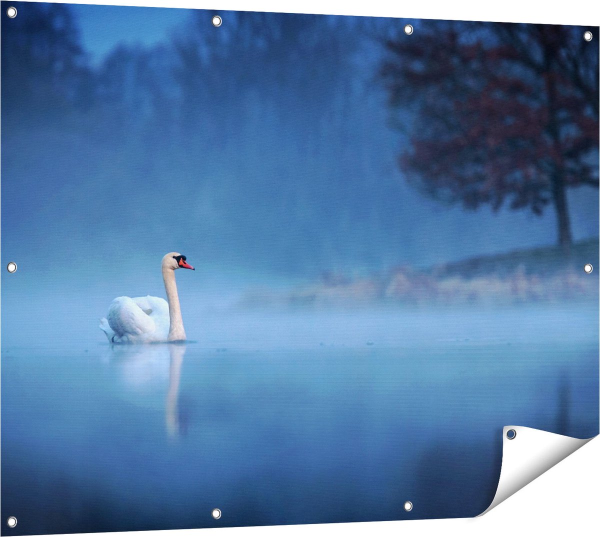 Gards Tuinposter Zwaan op het Water tussen de Mist - 120x90 cm - Tuindoek - Tuindecoratie - Wanddecoratie buiten - Tuinschilderij Multikleur