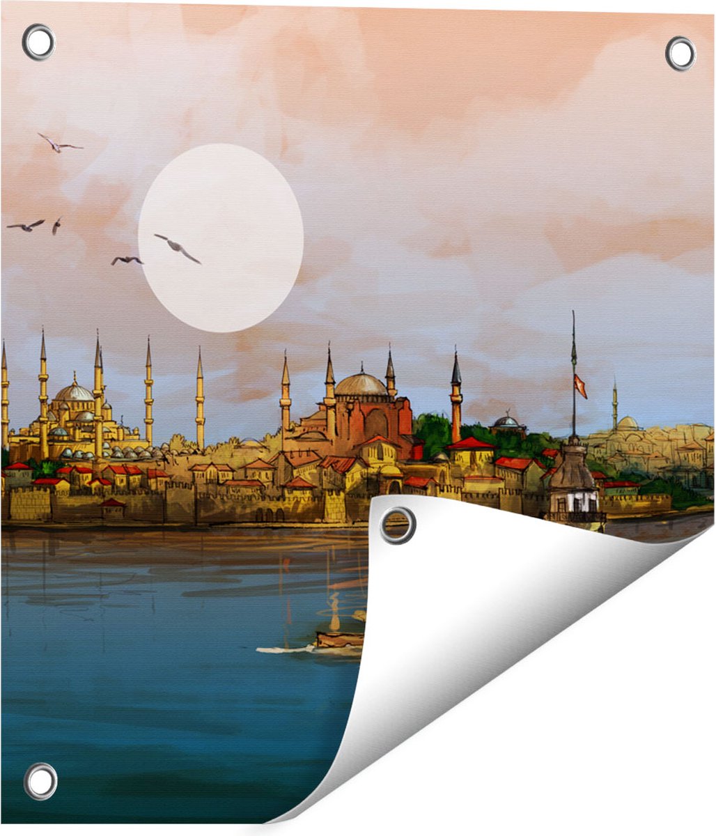 Gards Tuinposter Illustratie van de Maiden's Tower in Istanbul - 40x40 cm - Tuindoek - Tuindecoratie - Wanddecoratie buiten - Tuinschilderij Multikleur
