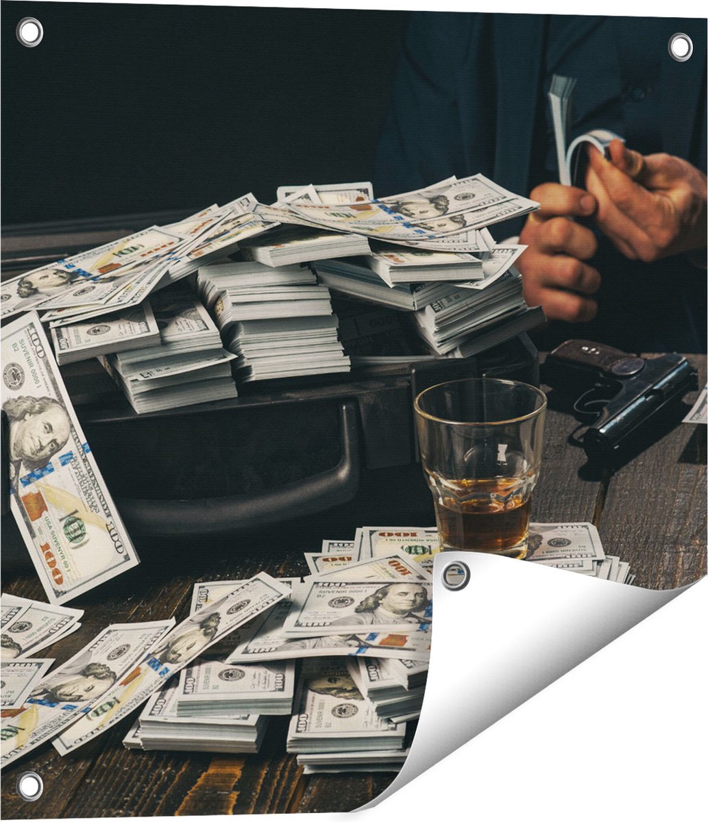 Gards Tuinposter Dollar Geld Briefjes op Tafel van de Maffia - 50x50 cm - Tuindoek - Tuindecoratie - Wanddecoratie buiten - Tuinschilderij Multikleur