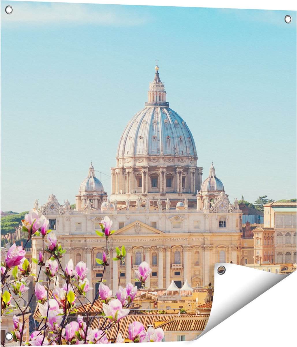 Gards Tuinposter Sint Pietersbasiliek in Rome met Bloemen - 70x70 cm - Tuindoek - Tuindecoratie - Wanddecoratie buiten - Tuinschilderij Multikleur