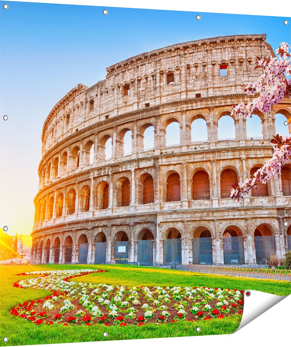 Gards Tuinposter Colosseum bij Zonsopgang in Rome, Itali� - 120x120 cm - Tuindoek - Tuindecoratie - Wanddecoratie buiten - Tuinschilderij Multikleur