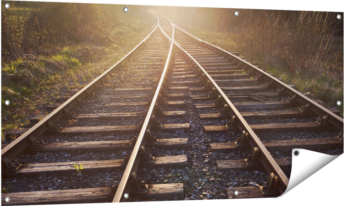 Gards Tuinposter Twee Kruisende Rails Spoorwegen - 140x70 cm - Tuindoek - Tuindecoratie - Wanddecoratie buiten - Tuinschilderij Multikleur