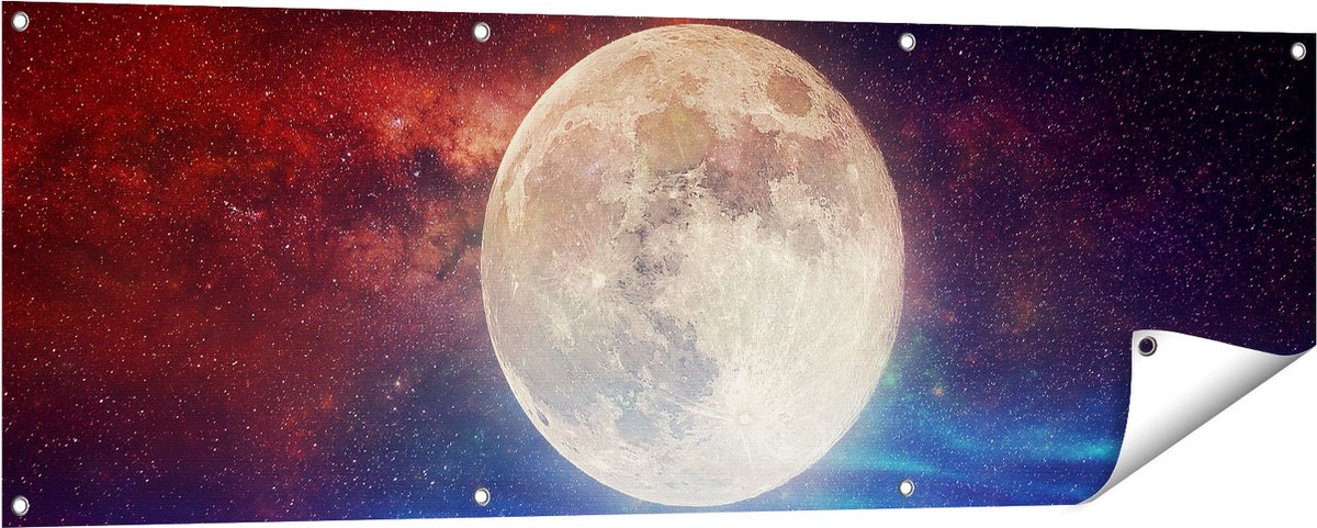 Gards Tuinposter Volle Maan in de Hemel boven het Water - 150x50 cm - Tuindoek - Tuindecoratie - Wanddecoratie buiten - Tuinschilderij Multikleur