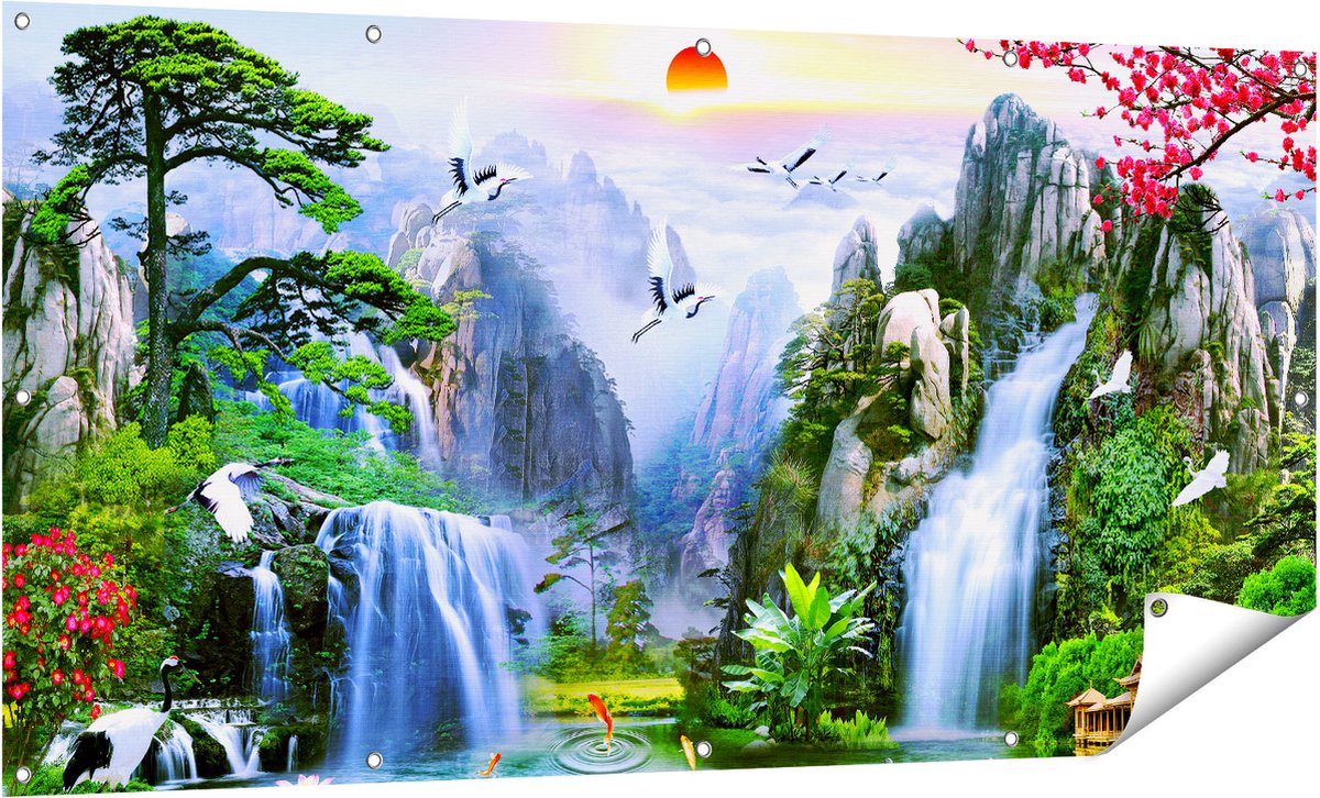 Gards Tuinposter Watervallen in de Bergen - Abstract - 160x80 cm - Tuindoek - Tuindecoratie - Wanddecoratie buiten - Tuinschilderij Multikleur