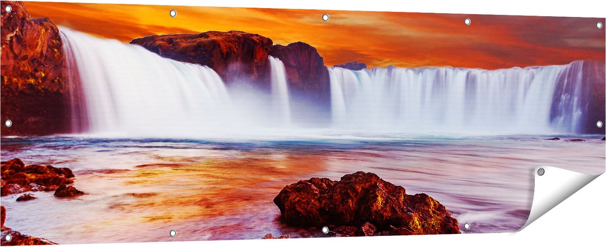 Gards Tuinposter Waterval bij een Oranje Hemel - 180x60 cm - Tuindoek - Tuindecoratie - Wanddecoratie buiten - Tuinschilderij Multikleur