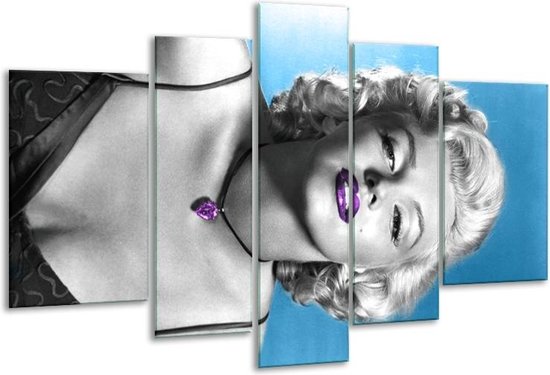 Glasschilderij Marilyn Monroe - Blauw, Grijs, Paars - 170x100cm 5Luik - Foto Op Glas - Geen Acrylglas Schilderij - 6000+ Glasschilderijen Collectie - Wanddecoratie