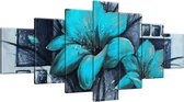 Schilderij - Groot - Bloemen - Turquoise , Grijs - 210x100cm 7Luik - GroepArt - Handgeschilderd Schilderij- Canvas Schilderij - Wanddecoratie - Woonkamer - Slaapkamer - Geschilderd Door Onze Kunstenaars 2000+Collectie Maatwerk Mogelijk