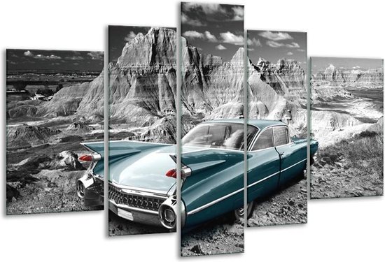 Glasschilderij Oldtimer, Auto - Grijs, Groen, Blauw - 170x100cm 5Luik - Foto Op Glas - Geen Acrylglas Schilderij - 6000+ Glasschilderijen Collectie - Wanddecoratie