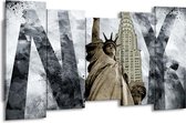 GroepArt - Canvas Schilderij - Vrijheidsbeeld, New York - Grijs, Crème - 150x80cm 5Luik- Groot Collectie Schilderijen Op Canvas En Wanddecoraties