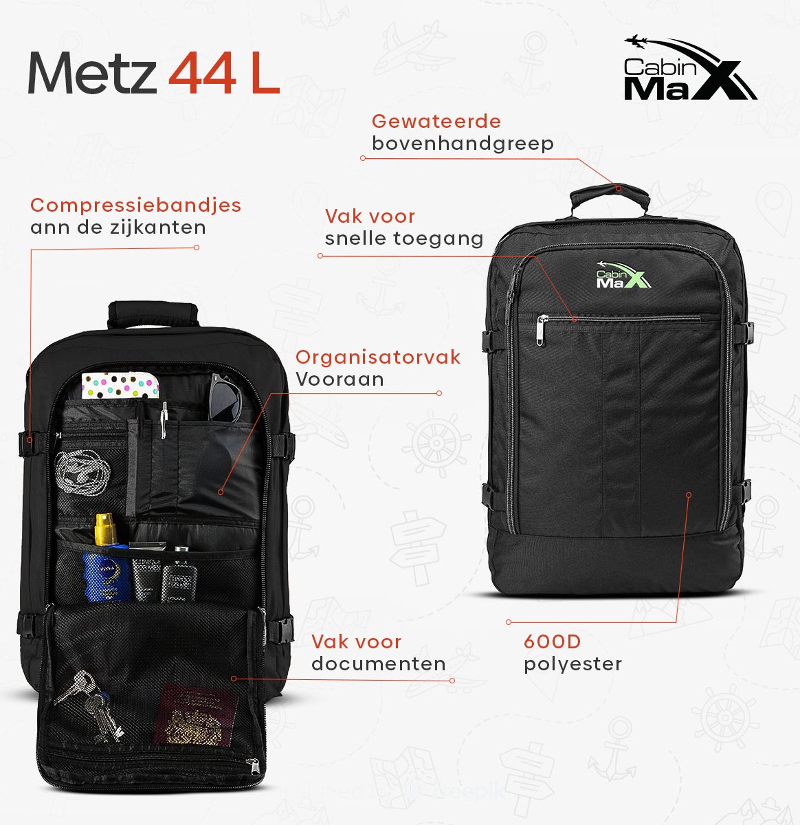 CabinMax Metz - Bagage à main - Sac à dos 44l - Cartable - 55x40x20cm -  Léger - Noir... | bol.com