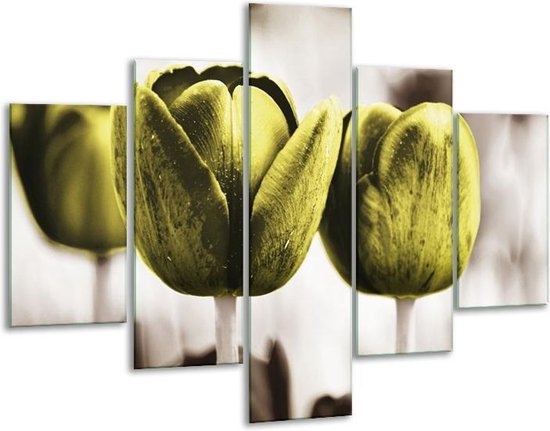 Glasschilderij -  Tulpen - Bruin, Groen - 100x70cm 5Luik - Geen Acrylglas Schilderij - GroepArt 6000+ Glasschilderijen Collectie - Wanddecoratie- Foto Op Glas