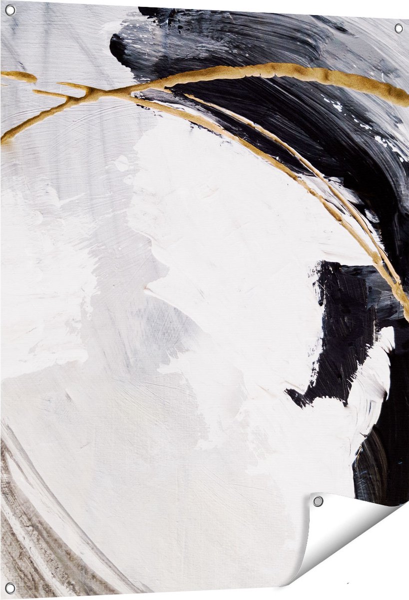 Gards Tuinposter Abstracte Kunst - Wit met Zwart en Goud - 80x100 cm - Tuindoek - Tuindecoratie - Wanddecoratie buiten - Tuinschilderij Multikleur