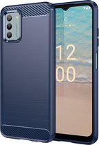 Nokia G22 Hoesje - MobyDefend TPU Gelcase - Geborsteld Metaal + Carbonlook - Blauw - GSM Hoesje - Telefoonhoesje Geschikt Voor Nokia G22