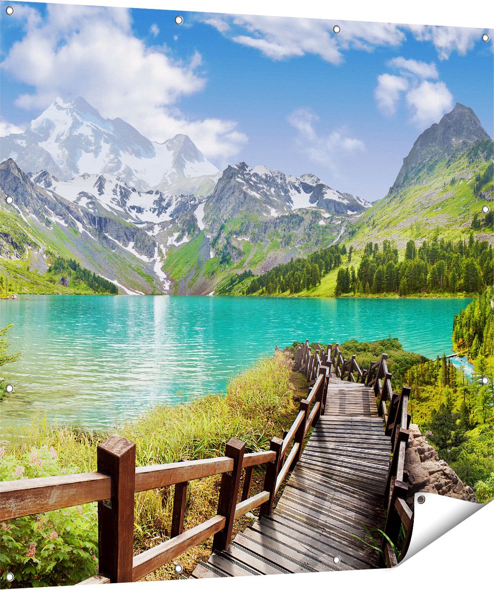 Gards Tuinposter Pad naar een Helder Blauw Meer in de Bergen - 120x120 cm - Tuindoek - Tuindecoratie - Wanddecoratie buiten - Tuinschilderij Multikleur