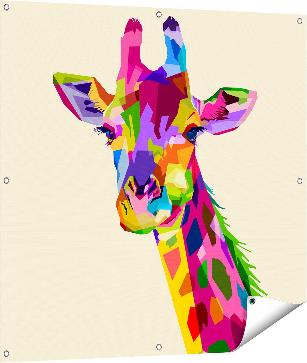 Gards Tuinposter Kleurrijke Giraffe - Abstract - 100x100 cm - Tuindoek - Tuindecoratie - Wanddecoratie buiten - Tuinschilderij Multikleur