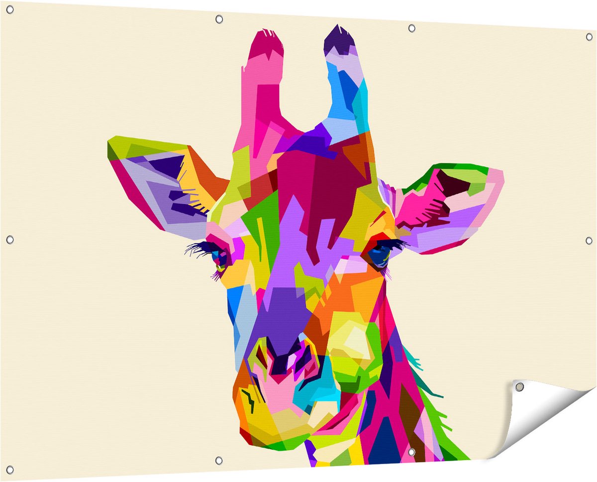 Gards Tuinposter Kleurrijke Giraffe - Abstract - 150x100 cm - Tuindoek - Tuindecoratie - Wanddecoratie buiten - Tuinschilderij Multikleur