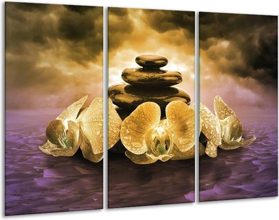 GroepArt - Schilderij -  Spa - Goud, Paars - 120x80cm 3Luik - 6000+ Schilderijen 0p Canvas Art Collectie