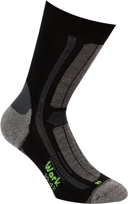 Chaussette de travail noire avec des accents gris et vert clair. Logo "Work 35-42" en vert.