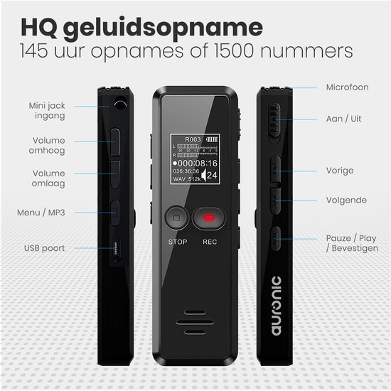 Auronic Digitale Voice Recorder - Dictafoon - 8GB Opslag - Ruisonderdrukking - USB Oplaadbaar - Zwart - Auronic