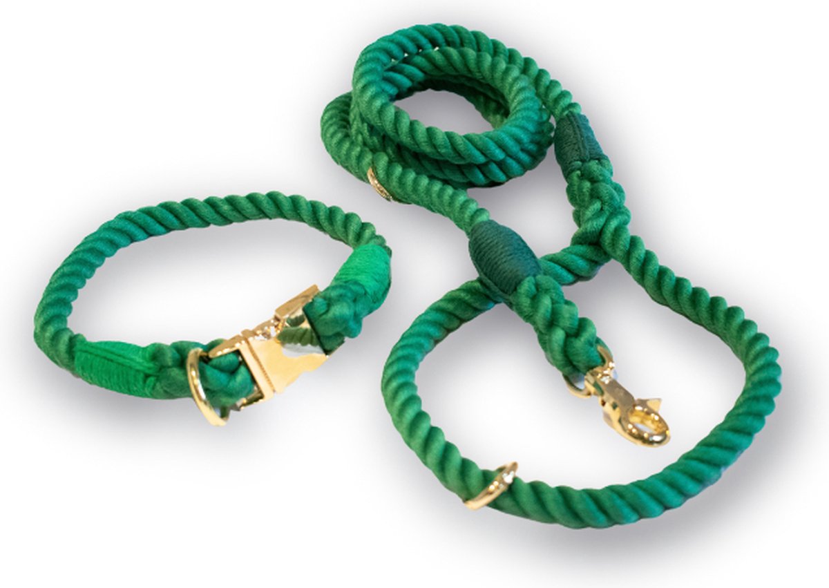 Meritosh Halsband M (35cm omtrek) + Leiband Set 100% Katoen Handgemaakt Donkergroen
