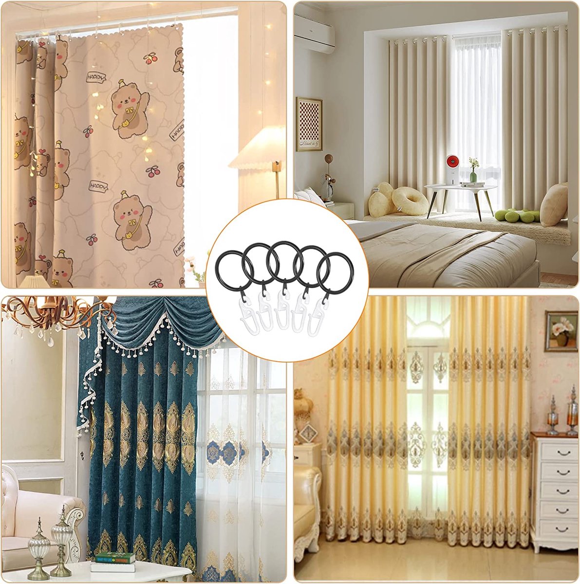 50pcs Anneaux De Rideau Noirs En étal Et Crochets De Rideau,30