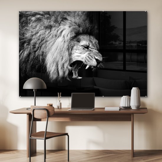 Peinture sur verre - Photo sur verre - Verre acrylique - Animaux - Lion - Zwart - Wit - 180x120 cm - Décoration de chambre - Peinture sur verre animaux - Décoration murale verre - Peinture sur verre lion