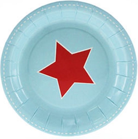 Papieren bordjes lichtblauw met rode ster - 18 cm rond - 12 stuks - gebaksbord - dessertbord