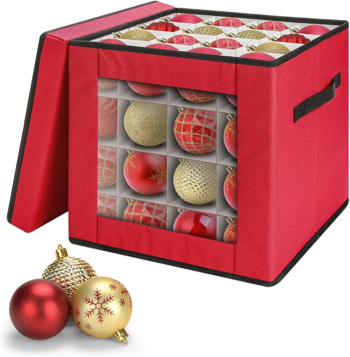 Famanu - Opbergdoos voor kerstballen, 64 compartimenten, met zak aan de achterkant, opslag van delicate kerstdecoraties en kerstballen