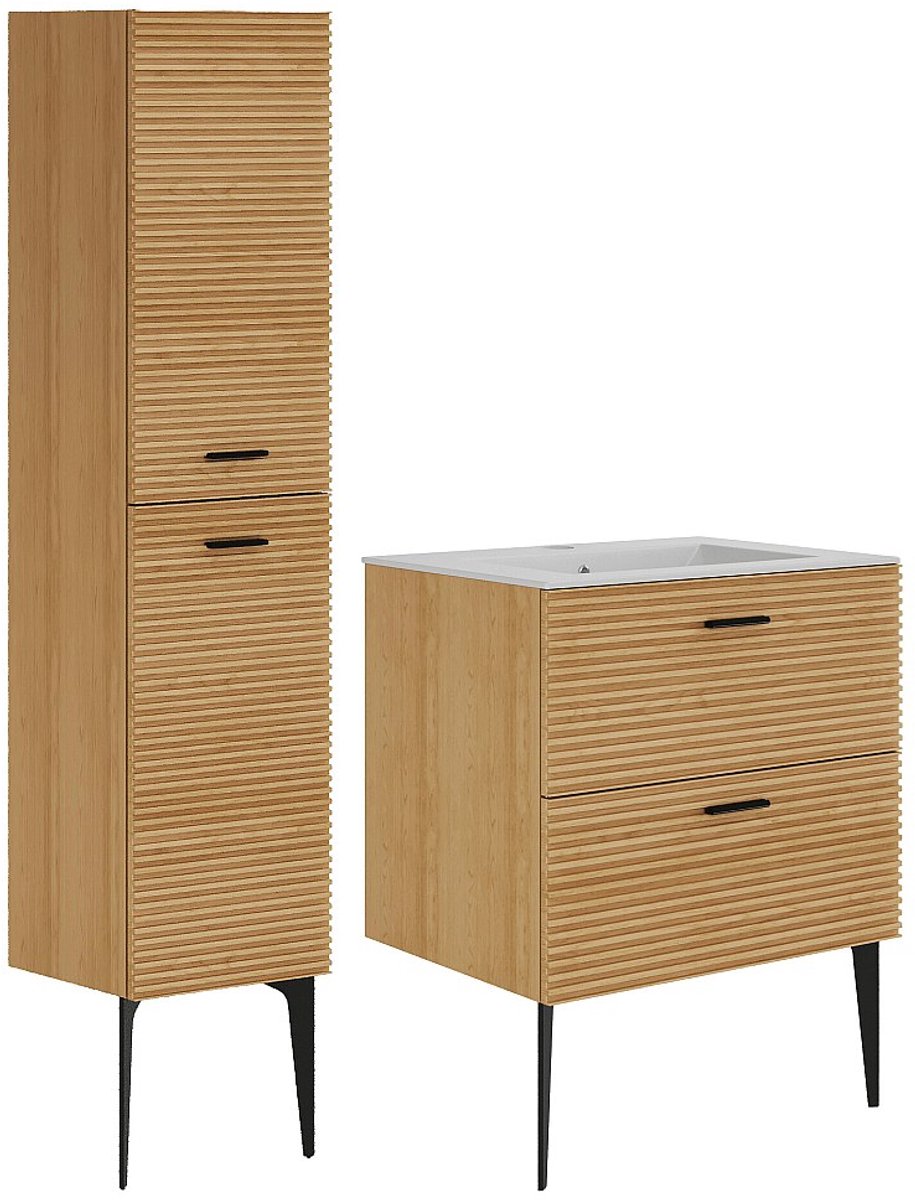 Vente-unique Badkamermeubel staand met inbouwwastafel en kast - 2 lades - kleur: naturel gestreept - 60 cm - SARONE