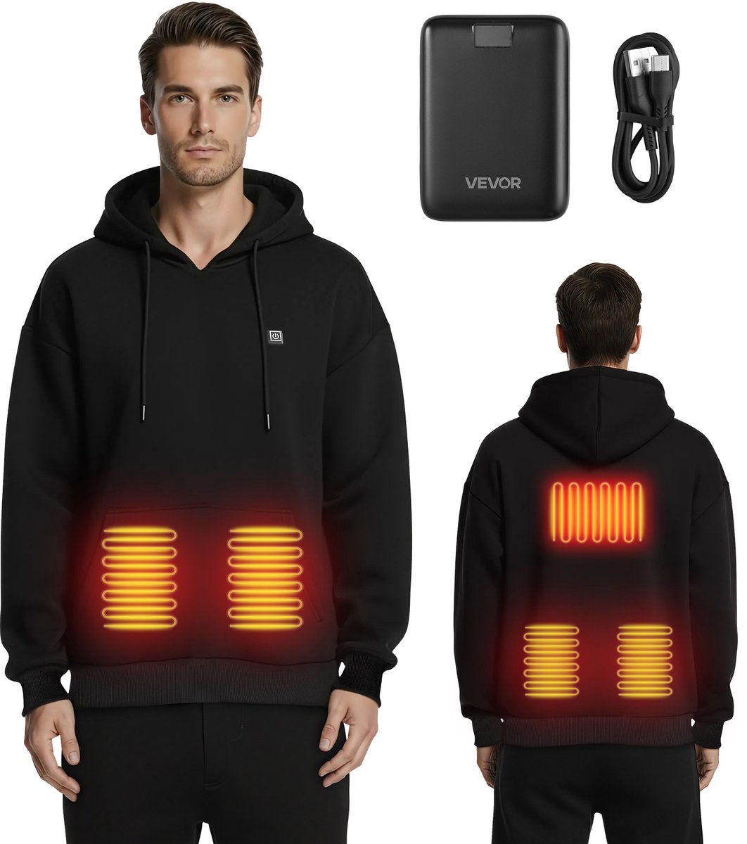 VEVOR Verwarmde Hoodie Unisex Verwarmde Pullover met 7 4V 16000mAh Oplaadbare Powerbank 5 Verwarmingszones 3 Temperatuurniveaus 4-8 Uur Warmte voor Winterse Outdoor Camping Zwart