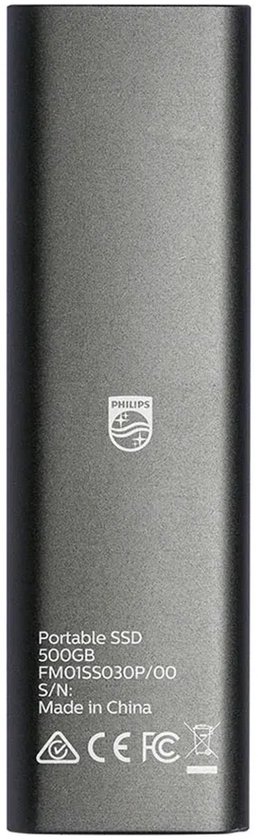 Grijze Philips portable SSD 500GB met logo en specificaties.
