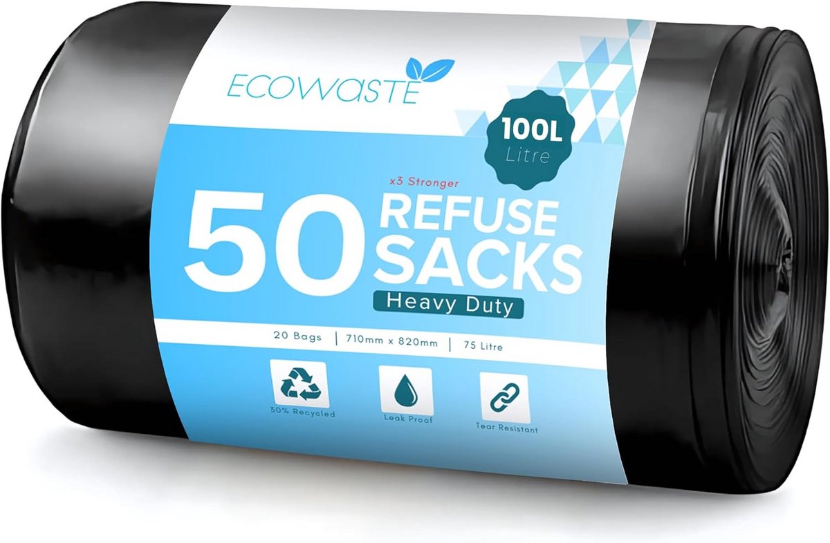 50 Dagelijkse 100L Grote Extra Sterke Vuilniszakken - Veilig, Gerecycled en Scheurbestendig voor Huishoudelijk en Commercieel Gebruik