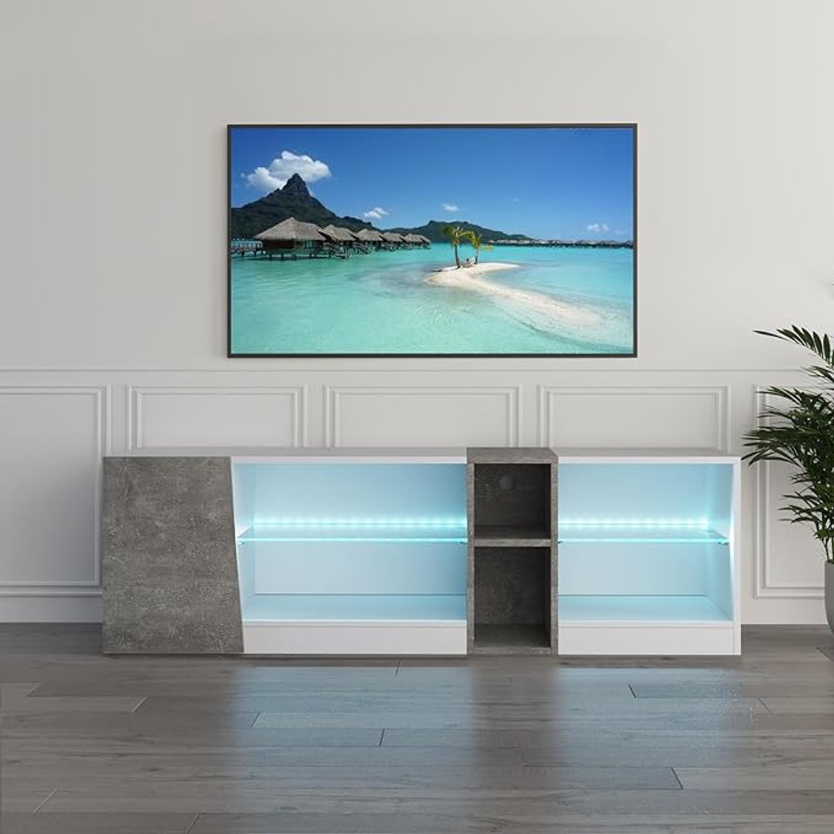Modern LED TV-meubel met 5 Open Vakken en 1 Deur – TV-kast Woonkamer & Slaapkamer – Wit & 