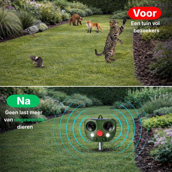Boven: tuin met duif, marter, vos, kat en muis. Onder: de Liveno dierenvijver die ongewenste dieren verjaagt met ultrasone geluiden.