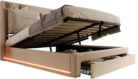 Lit rembourré OKWISH 140x190 cm – Lit double LED avec système de rangement hydraulique – Tiroirs – Velours – Beige