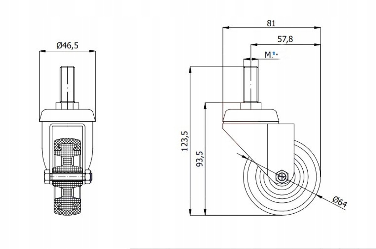 Möbelwielen Ø60mm met M10 schroefdraad - 1 stuk