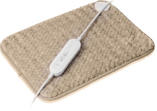 Beige elektrisch warmtekussen met witte bediening en stroomkabel.