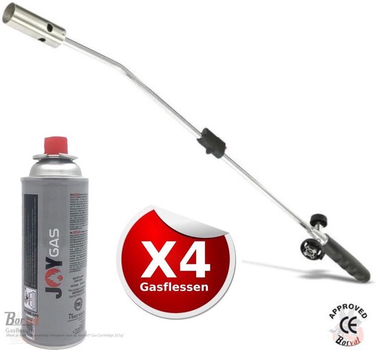 Gasbrander met lange steel en een gasfles van JoyGas. Rode cirkel met 'X4 Gasflessen'.