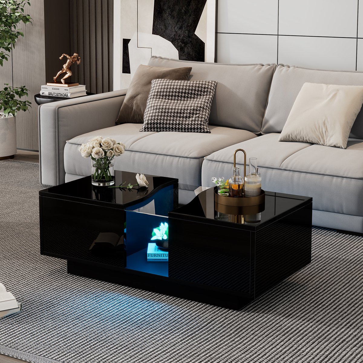 STILVORA Salontafels - Hoogglans Salontafel Met Opbergruimte En LED - 100x50x35 cm - MDF - Zwart