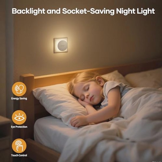 Nachtlampje met Bewegings- en Schemersensor - 2-pack, Instelbare Helderheid, Aanraakbediening, Warm Wit voor Kinderen en Huizen — afbeelding 3