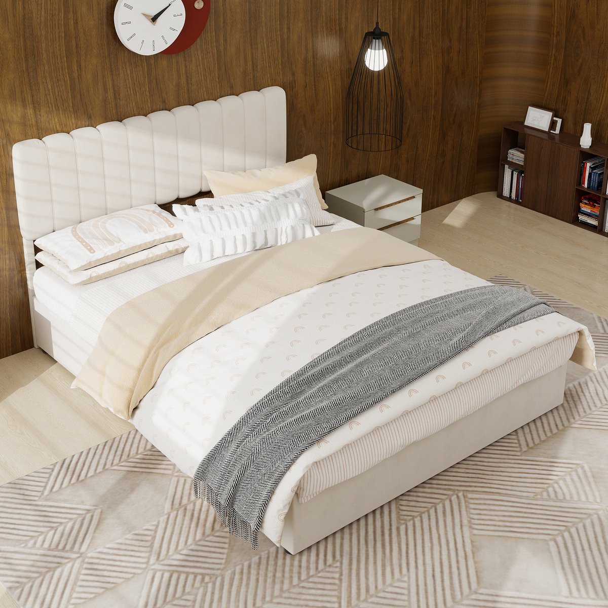 Modern minimalistisch gestoffeerd bed - 140x200 cm - Beige - Multifunctioneel slaapkamermeubilair met zacht en comfortabel hoofdeinde - Hoge opbergbodem met gasveermechanisme - Matras niet inbegrepen.