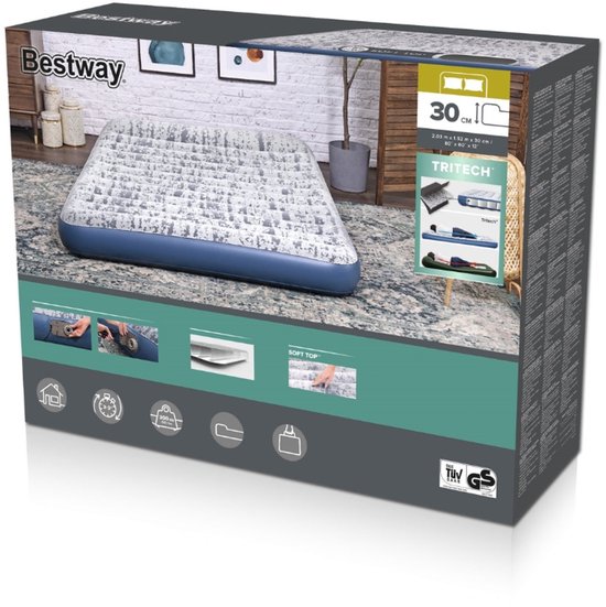 Bestway - Luchtbed - 2-Persoons - 152×203×30 cm - Blauw - Met Ingebouwde Elektrische Pomp - Incl. 3-in-1 Opbergtas - 2-persoons Luchtbed - Luchtbed Met Pomp - Binnen Gebruik - Comfortabel Luchtbed - Luchtbed Met Kussen van Merkloos — afbeelding 3