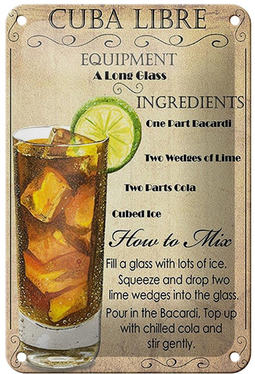 Blechschild Alkohol 12x18cm Cuba Libre Equipment ingredient